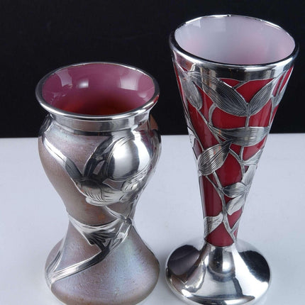 c1900 Art Nouveau Sterling Silver Overlay Art glass Vases