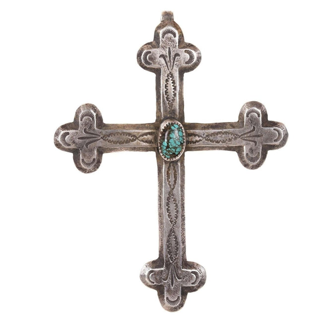 Huge Vintage Navajo Sandcast Sterling/Spiderweb turquoise cross