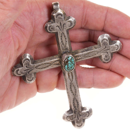 Huge Vintage Navajo Sandcast Sterling/Spiderweb turquoise cross