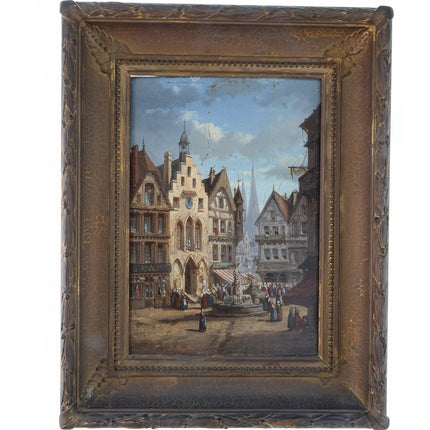 Antique French Oil on Board Town Square with Pharmacy Pharmacien
