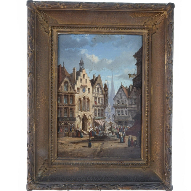 Antique French Oil on Board Town Square with Pharmacy Pharmacien