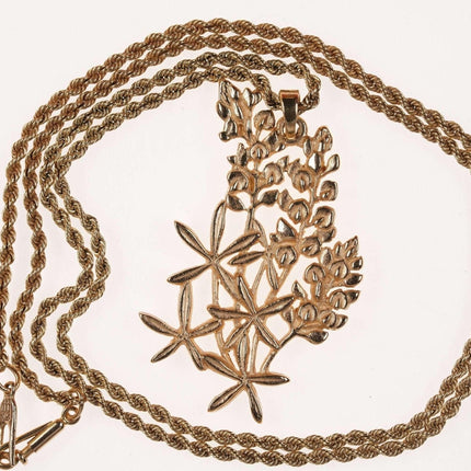 Large Retired James Avery 14k gold Bluebonnet Pendant/rope chain