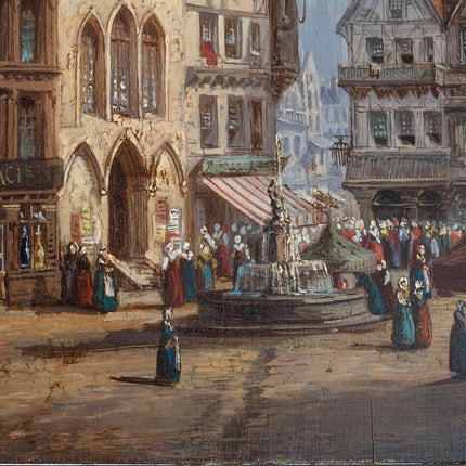 Antique French Oil on Board Town Square with Pharmacy Pharmacien