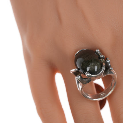 sz7.5 Taxco Eagle Mark Vintage Silver Black Cat's Eye Brutalist ring