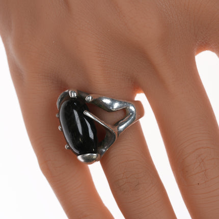 sz7.5 Taxco Eagle Mark Vintage Silver Black Cat's Eye Brutalist ring