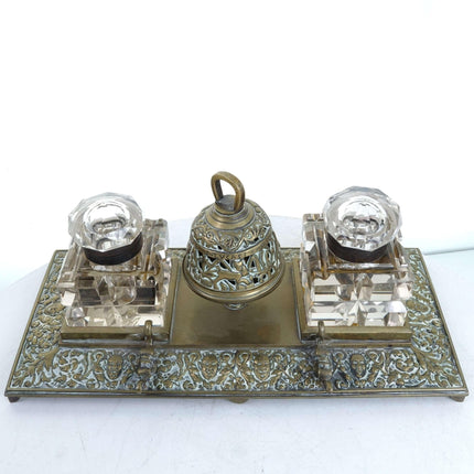 c1890 Hotel Inkwell with Bell Pen rest, and two large crystal inkwells.