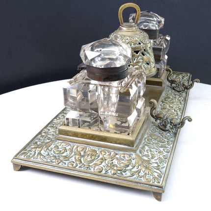 c1890 Hotel Inkwell with Bell Pen rest, and two large crystal inkwells.