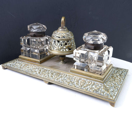 c1890 Hotel Inkwell with Bell Pen rest, and two large crystal inkwells.