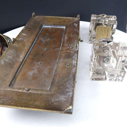 c1890 Hotel Inkwell with Bell Pen rest, and two large crystal inkwells.