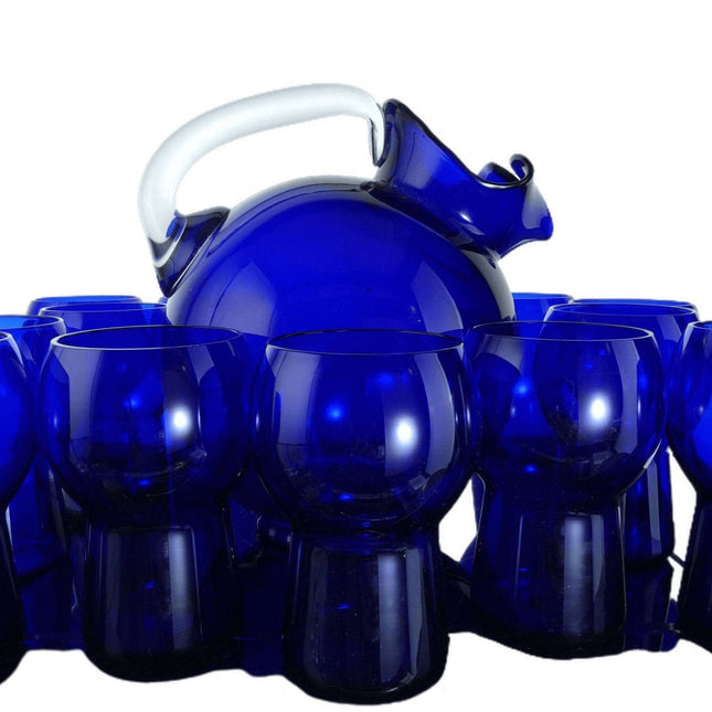 MCM 13pc 1930's Cobalt Blue Water Set Cambridge Royal Blue Ball Jug and Mushroom