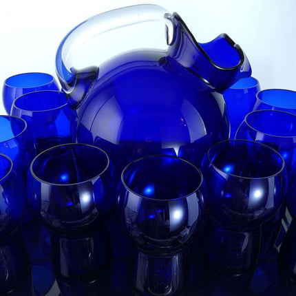 MCM 13 件 1930 年代钴蓝色水套装剑桥皇家蓝球壶和蘑菇玻璃杯
