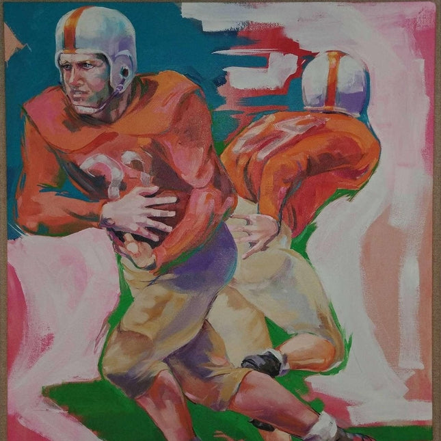 德克萨斯州奥斯汀名列艺术家布伦达·“波尔斯基·摩根”·柴尔兹 (Brenda "Polsky Morgan" Childs) 创作的大型绘画 1985 年德克萨斯大学橄榄球运动员 UT
