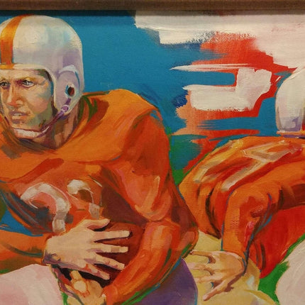 德克萨斯州奥斯汀名列艺术家布伦达·“波尔斯基·摩根”·柴尔兹 (Brenda "Polsky Morgan" Childs) 创作的大型绘画 1985 年德克萨斯大学橄榄球运动员 UT