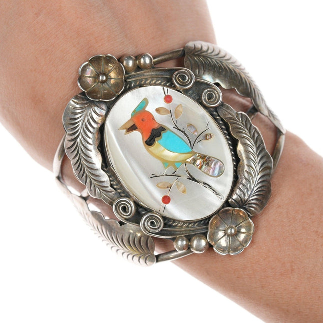 6.5" Vintage Zuni Sterling Inlaid mother of pearl bracelet with bird