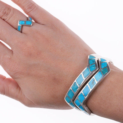 6" Vintage Zuni turquoise channel inlay sterling bracelets and ring in zig-zag p