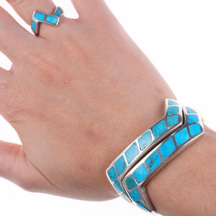 6" Vintage Zuni turquoise channel inlay sterling bracelets and ring in zig-zag p