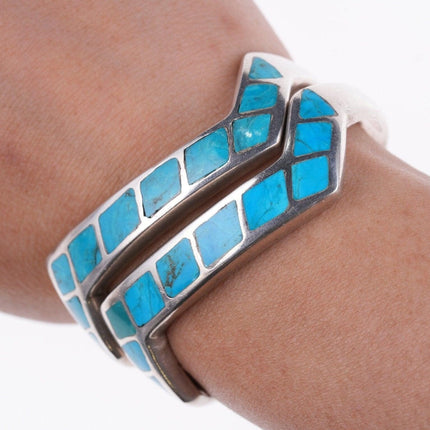 6" Vintage Zuni turquoise channel inlay sterling bracelets and ring in zig-zag p