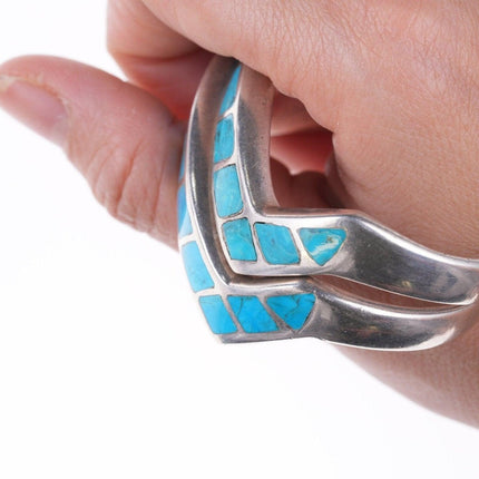 6" Vintage Zuni turquoise channel inlay sterling bracelets and ring in zig-zag p