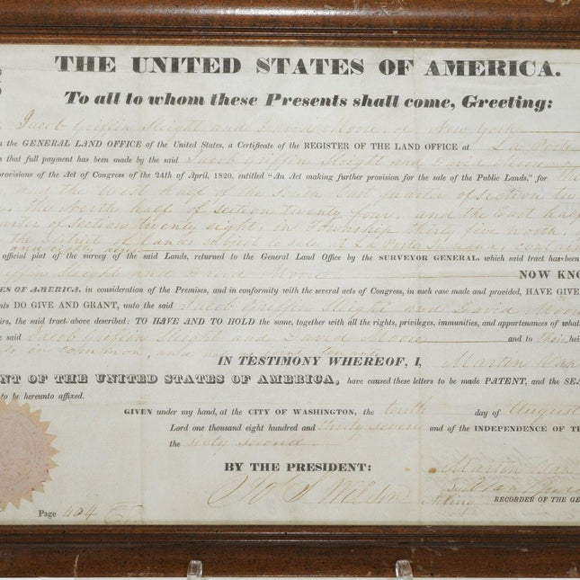 1837 President Martin Van Buren Signed Land Grant New York