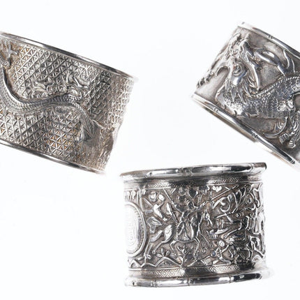 3 Antique Chinese Silver repousse napkin rings