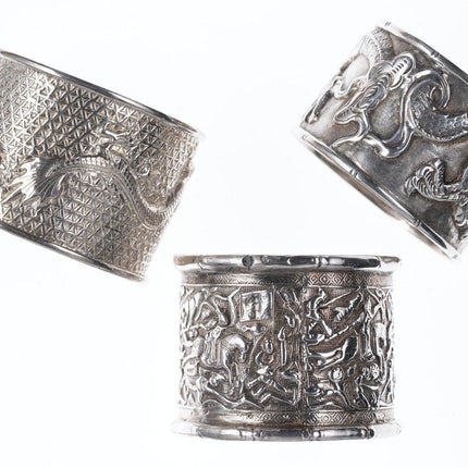 3 Antique Chinese Silver repousse napkin rings