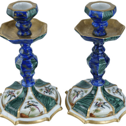 c1920 French Sevres Style Candlesticks with Birds of Paradise