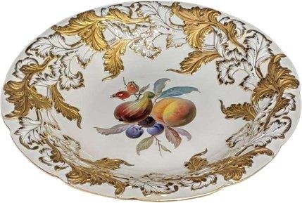 12" c1870 Meissen large Serving Bowl with heavy gold and hand painted Fruit