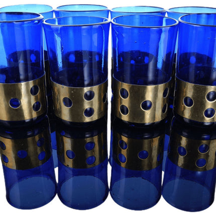 MCM Brass Imrisoned Glass Felipe Derflingher Cobalt Blue tumbler set Mid Century