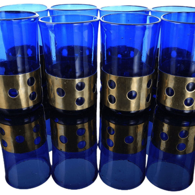 MCM Brass Imrisoned Glass Felipe Derflingher Cobalt Blue tumbler set Mid Century