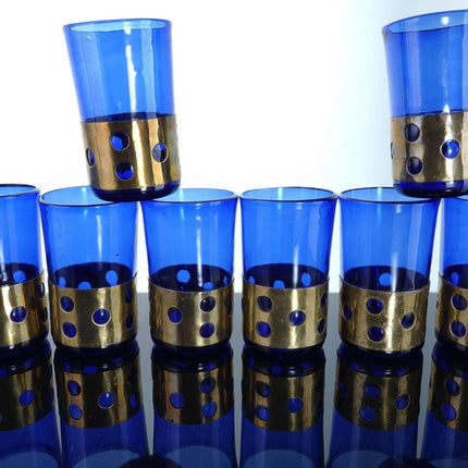 MCM Brass Imrisoned Glass Felipe Derflingher Cobalt Blue tumbler set Mid Century