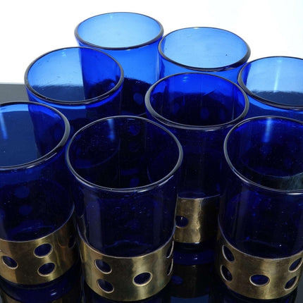 MCM Brass Imrisoned Glass Felipe Derflingher Cobalt Blue tumbler set Mid Century