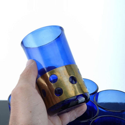 MCM Messing eingefasstes Glas Felipe Derflingher Kobaltblaues Becherset Mid Century Modern