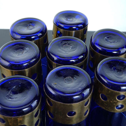 MCM Brass Imrisoned Glass Felipe Derflingher Cobalt Blue tumbler set Mid Century