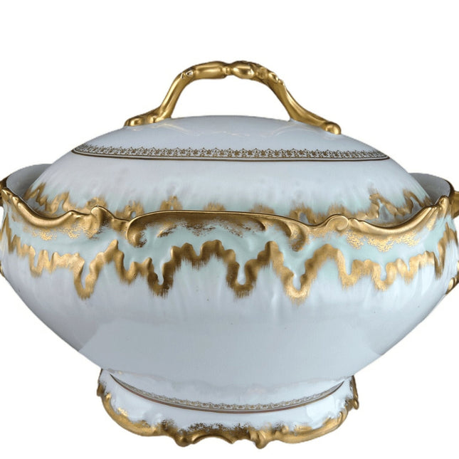 c1900 Limoges Porcelain Soup Tureen with Heavy gold green trim