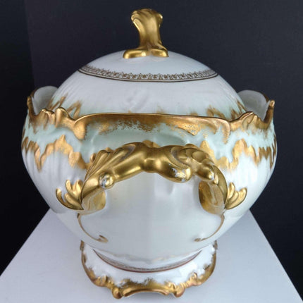 c1900 Limoges Porcelain Soup Tureen with Heavy gold green trim