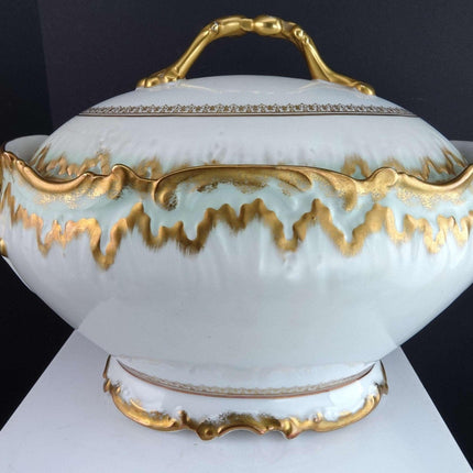 c1900 Limoges Porcelain Soup Tureen with Heavy gold green trim