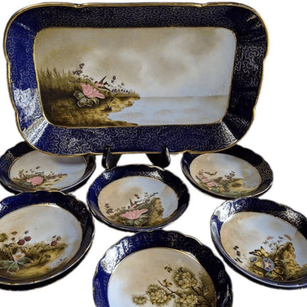 Antikes handbemaltes Porzellan-Dessert-Set, 13-teilig, 1850er Jahre