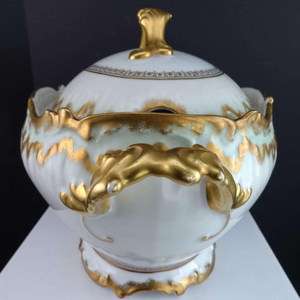 c1900 Limoges Porcelain Soup Tureen with Heavy gold green trim