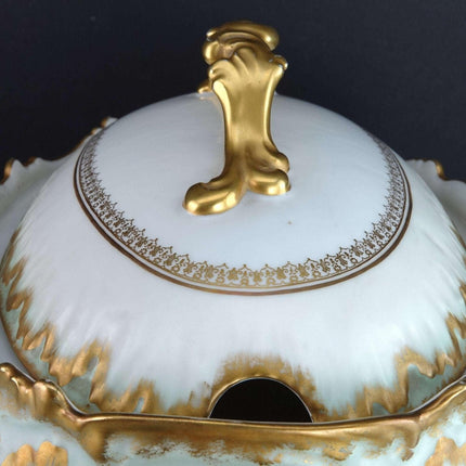 c1900 Limoges Porcelain Soup Tureen with Heavy gold green trim