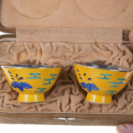 Antique Chinese Republic Period Silver lined porcelain Master salt dips in box