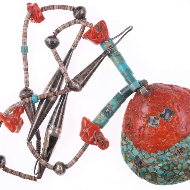 复古圣多明各普韦布洛银、珊瑚、绿松石和贝壳项链