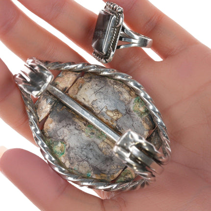 6,25" 40er-50er Navajo-Armband aus Silber und Achat mit Ring der Größe 7,75