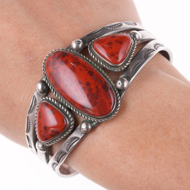 6.5" 40's-50's Navajo Stamped silver red jasper bracelet