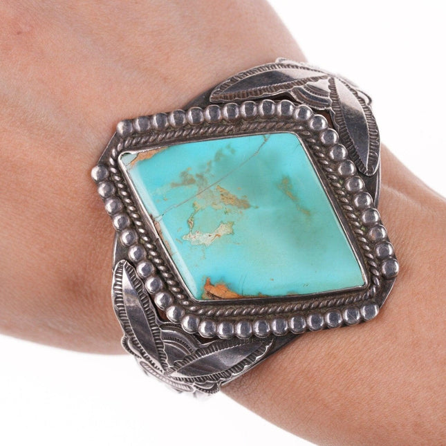 6.5" 40's-50's Navajo Stamped silver twisted wire bracelet with turquoise