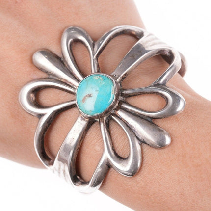 6 3/8" Vintage Navajo Tufa Cast silver bracelet with turquoise