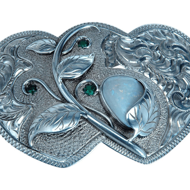 Fibbia per cintura da cowgirl in argento sterling con smeraldo e opale, doppio cuore inciso a mano