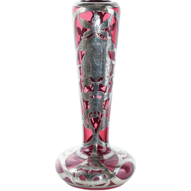 c1900 Cranberry Sterling Silver Overlay Art glass Vase