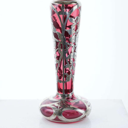 c1900 Cranberry Sterling Silver Overlay Art glass Vase