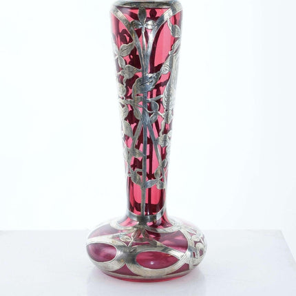 c1900 Cranberry Sterling Silver Overlay Art glass Vase