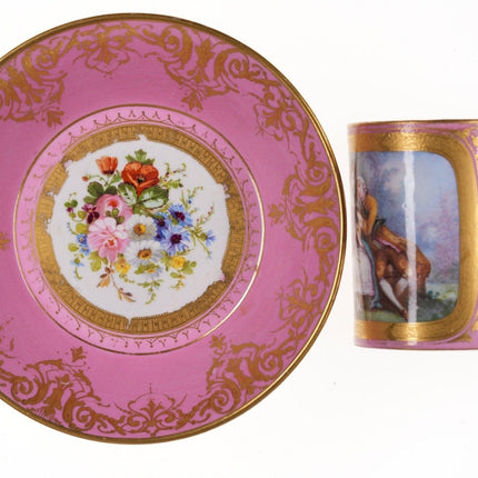 c1880 Handbemalte Porzellantasse und Untertasse im französischen Sevres-Stil